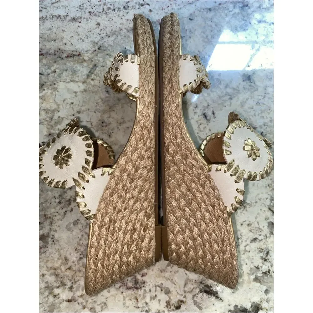Jack Rogers $160 Shelby Wedge Sandal in Bone & Gold Preppy 7.5 EUC
